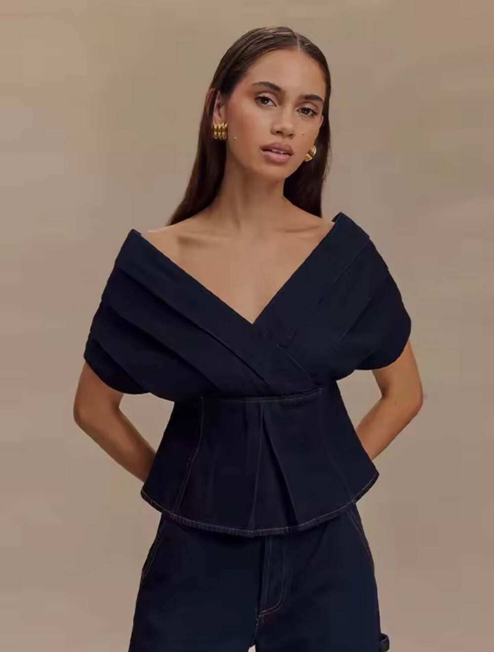 Meshki Rayne Off Shoulder Denim Top Indigo Blue Size 3XL